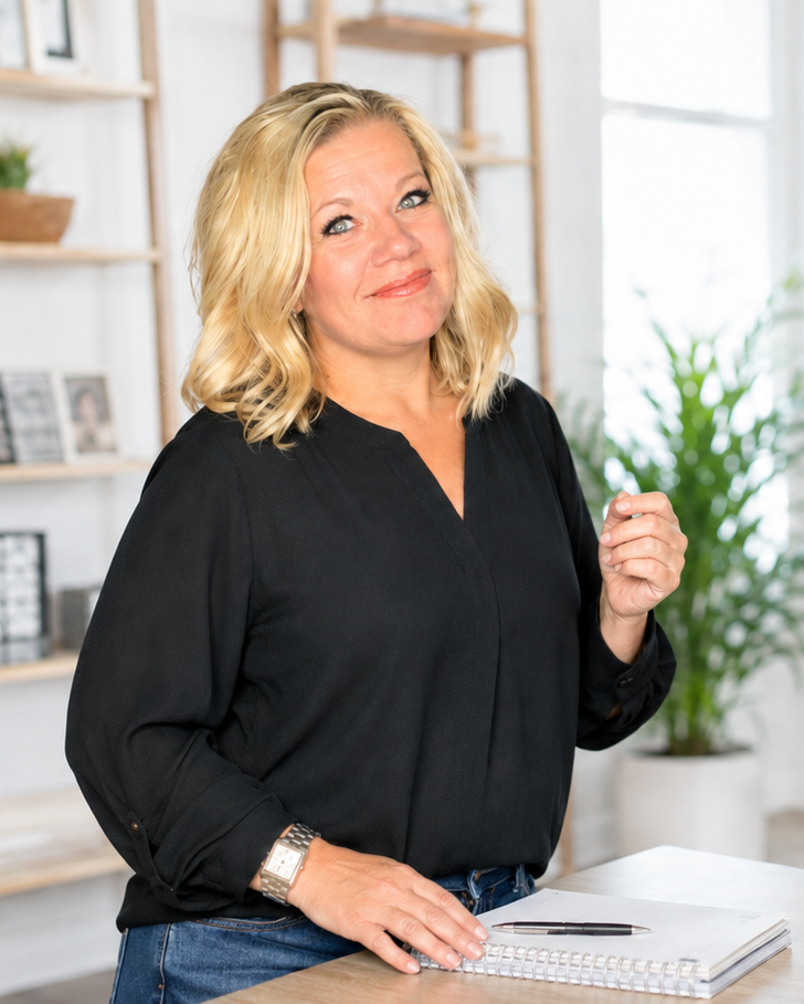 Mary, founder of Make Words Do Things, is wearing a black top smiling slightly while standing behind a wooden desk in a bright, modern office with a bookshelf, potted plants, and a laptop on the table.